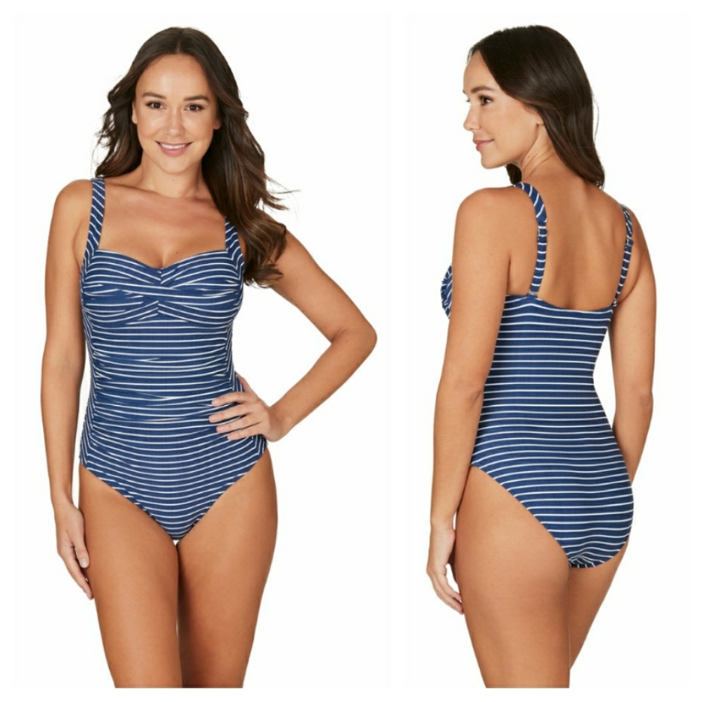 Niptuck Riviera Stripe Denim Joanne Twist Front Tummy Control One Piece Swimsuit
